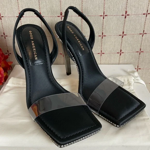 Good American Satin Strappy Heels Square Toe Sz 8.5 Black Satin & Rhinestones - Picture 2 of 7